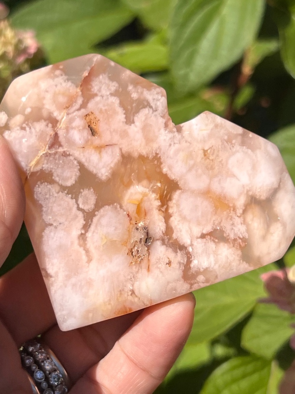 Pink (4) flower agate heart with stand | Crystal